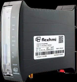 FlexHMI Universal Data Gateway — industrial controller for SCADA integration, mounted on DIN rail with ModbusTCP and RS-485 ports